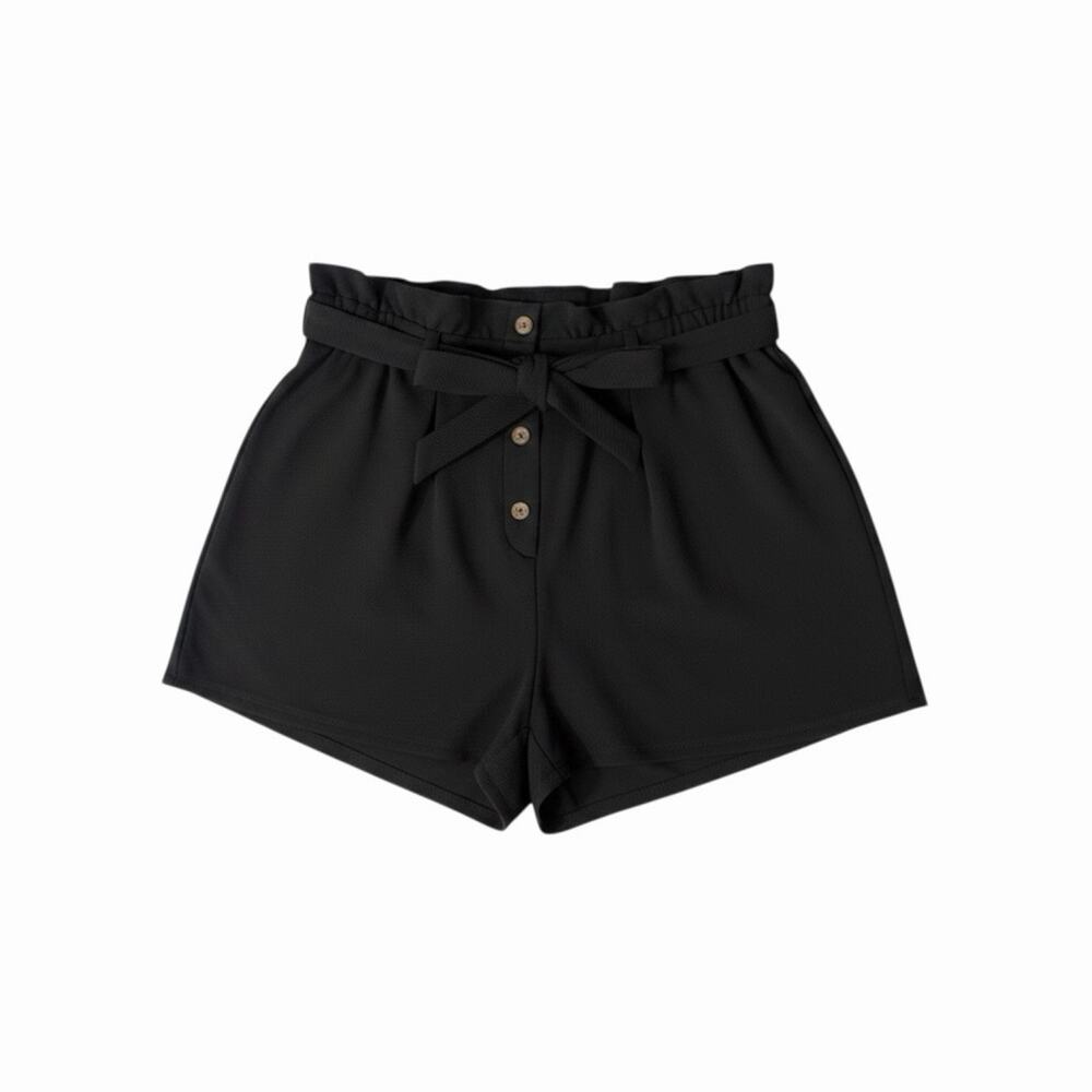 Bar III Women’s Black Belted Button Front Ruffle Stretch Bottoms Paperbag Shorts